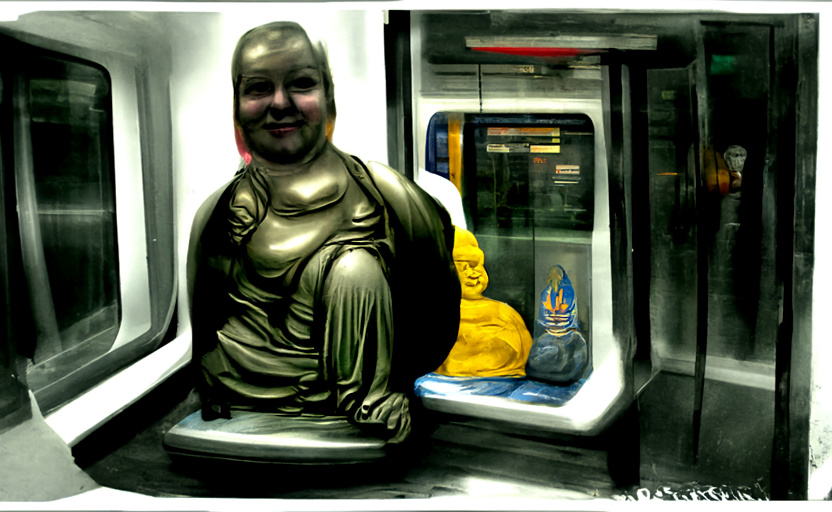 buddah in the metro in the style of Lise Deharme 