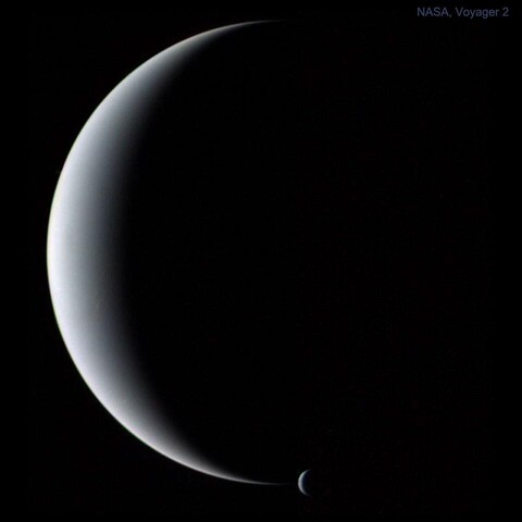 The picture shows the planet Neptune and its moon Triton, both in crescent phases, as captured by the passing Voyager 2 spacecraft in 1989.